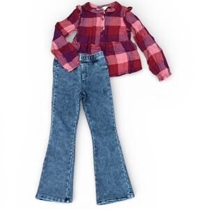 Market & Spruce 6/7 Red Ruffle Flannel + Andy & Evan 7 Blue Flare Jeans Outfit